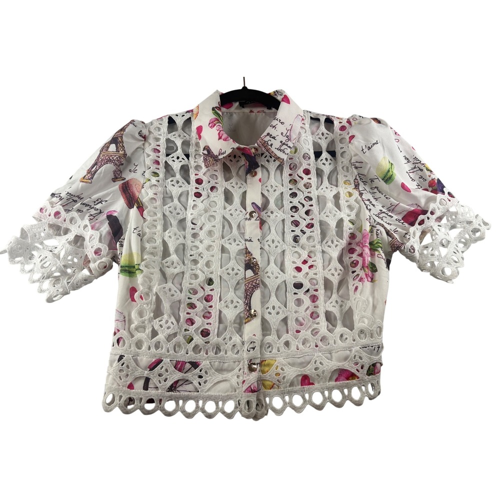 Jennifer's CollectionParis Eiffel Tower Eyelet Lace Button Up Blouse Small White